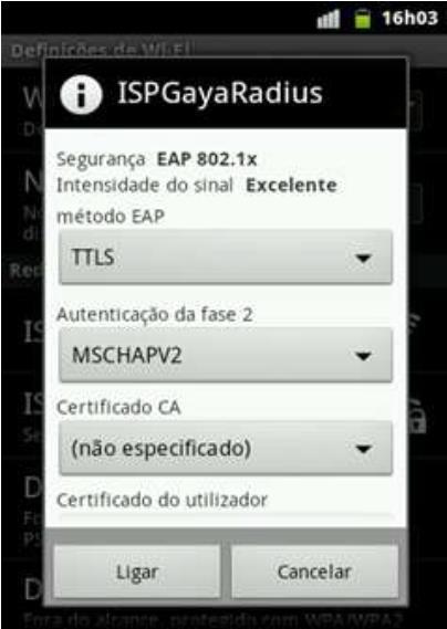 2. Selecionar como método EAP a opção TTLS, como autenticação da fase 2 como MSCHAPv2 e depois