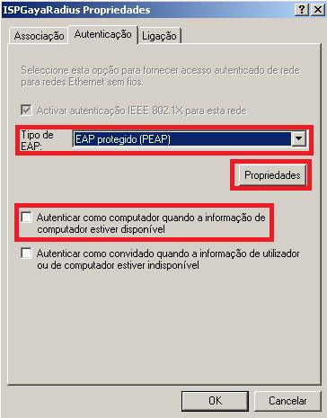 3. Após ter clicado no menu Propriedades aparece a janela ISPGayaRadius Propriedades onde terá de selecionar o menu Autenticação.