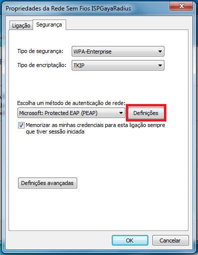 7. Em Segurança, verifique se estão selecionadas as opções de acordo com a imagem seguinte (Tipo de segurança: WPA2- Enterprise; Tipo de encriptação: AES;