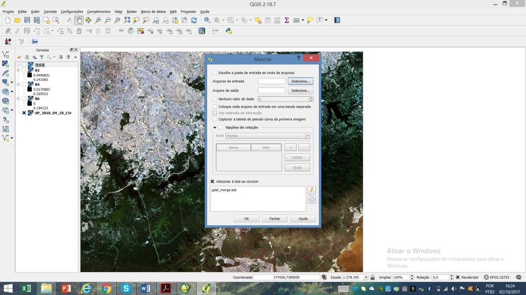 6º) Faça uma composição colorida em falsa cor. Com as bandas extraídas no passo anterior (B6, B4, B2). Clique em Raster (na barra de ferramentas do QGIS) Miscelânia Mosaico.