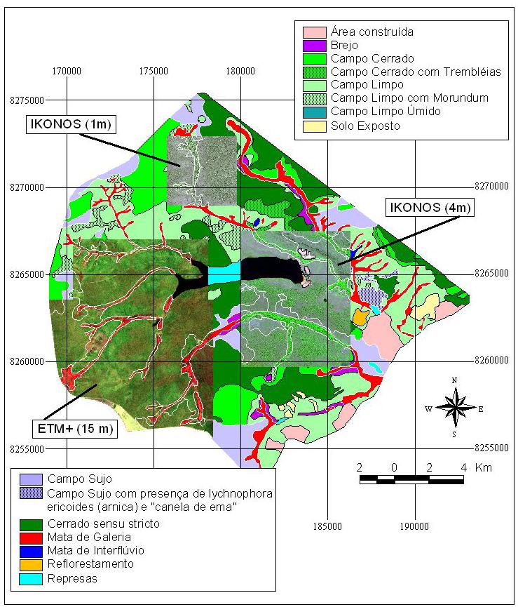 Em virtude das duas cenas IKONOS, adquiridas pelo projeto LBA, cobrirem somente 61% da área do parque, utilizou-se uma terceira imagem adquirida pelo satélite Landsat ETM+ (221/71, setembro de 2001)