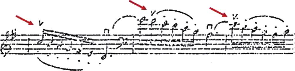 aqui o deve estar atento à dificuldade de percorrer registros diferentes e manter uma sonoridade uniforme com o arco saltando transversalmente à corda (Exemplo 5).