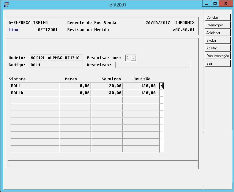 É possível pesquisar por serviços S ou pacotes P para o modelo do veículo selecionado.