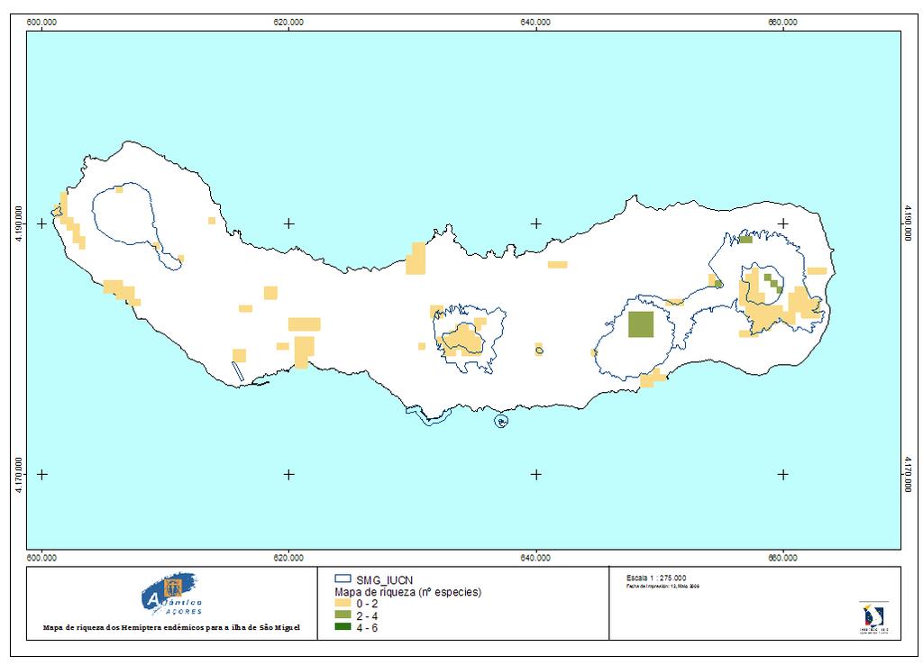 Mapa de riqueza dos Hemiptera endémicos para a ilha de