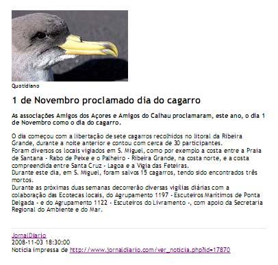 Cagarros de 3 a 11 de Novembro", no Açoriano Oriental 27