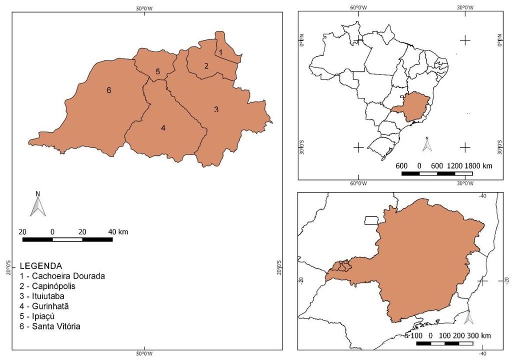 composto por seis municípios: Ituiutaba, Santa Vitória, Cachoeira Dourada, Capinópolis, Ipiaçu e Gurinhatã (Mapa 1). Mapa 1: Localização da MRG de Ituiutaba -MG.