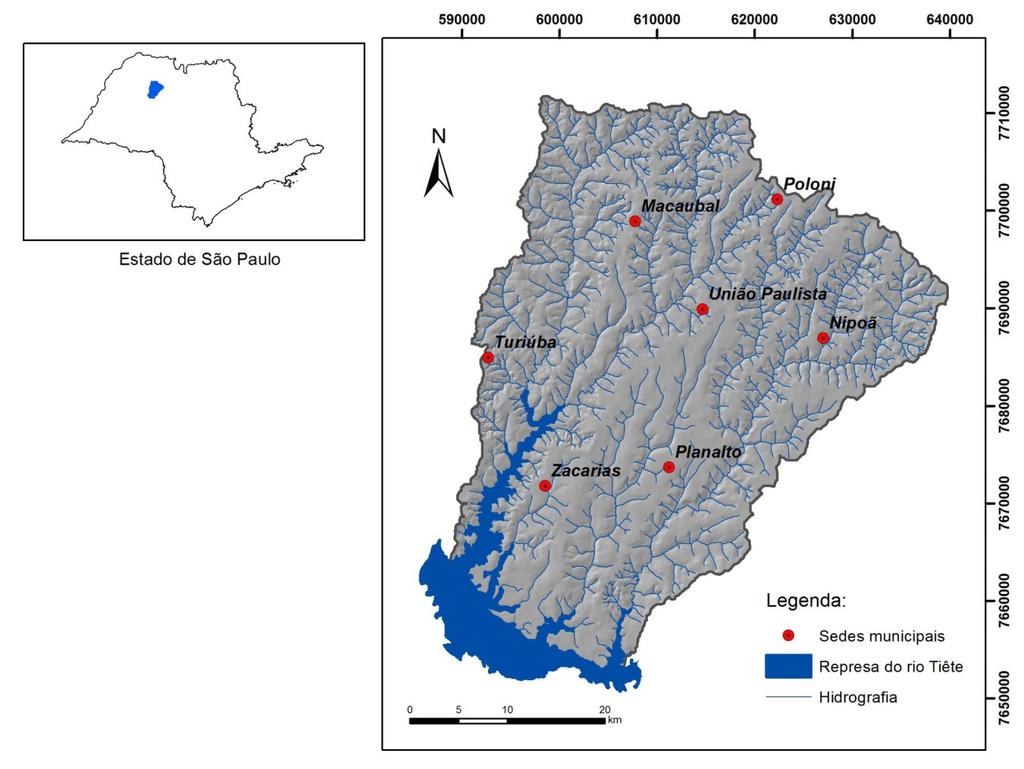 Figura 1. Localização da área de estudo no Estado de São Paulo, com representação da rede hidrográfica, sedes municipais e represa do Rio Tietê.