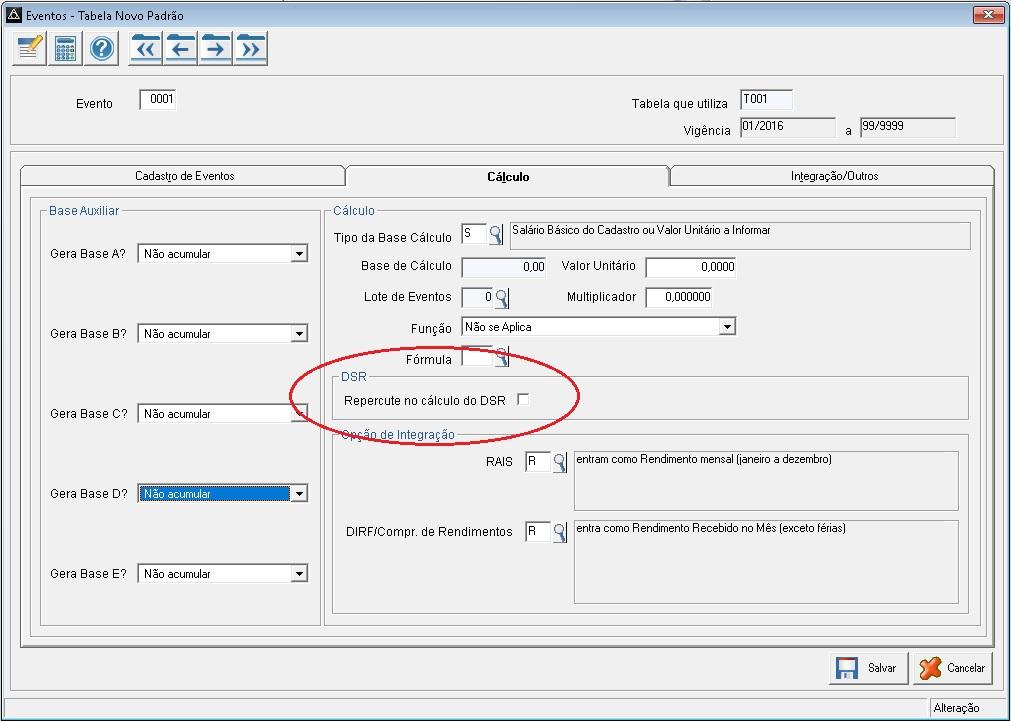 Aba Cálculo Caso o evento não repercuta no