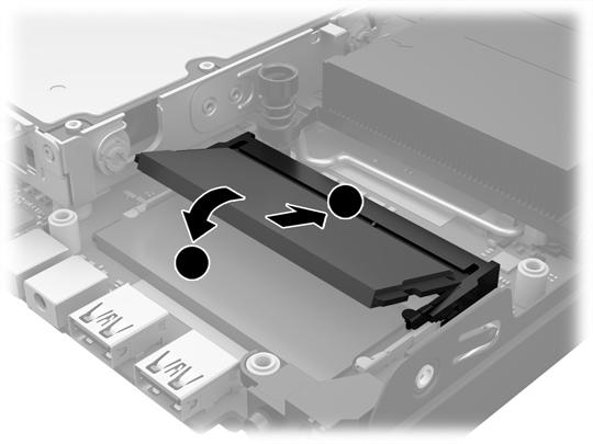 11. Deslize a nova SODIMM no soquete em um ângulo de aproximadamente 30 (1), em seguida pressione a SODIMM (2) para que a trava seja bloqueada em seu lugar.