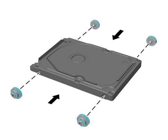 9. Para instalar um HDD, transfira os parafusos-guia de montagem isolada azuis e prateados do HDD antigo para o novo HDD. 10.