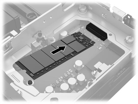 14. Localize a SSD na placa de sistema. 15. Remova o parafuso que prende a SSD à placa de sistema. 16. Pegue a SSD pelas laterais e puxe-a cuidadosamente para fora do soquete. 17.