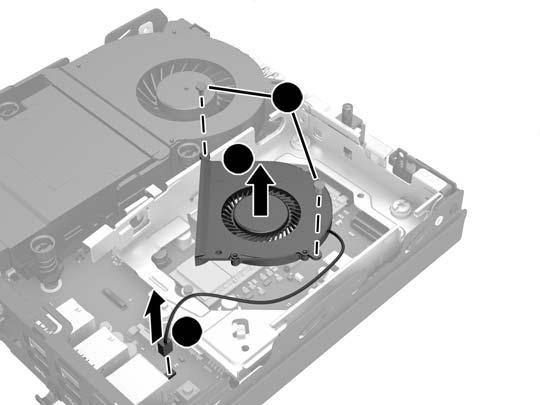 Remova os dois parafusos que prendem o ventilador secundário (2). c. Puxe o ventilador para fora do chassi (3). 11.