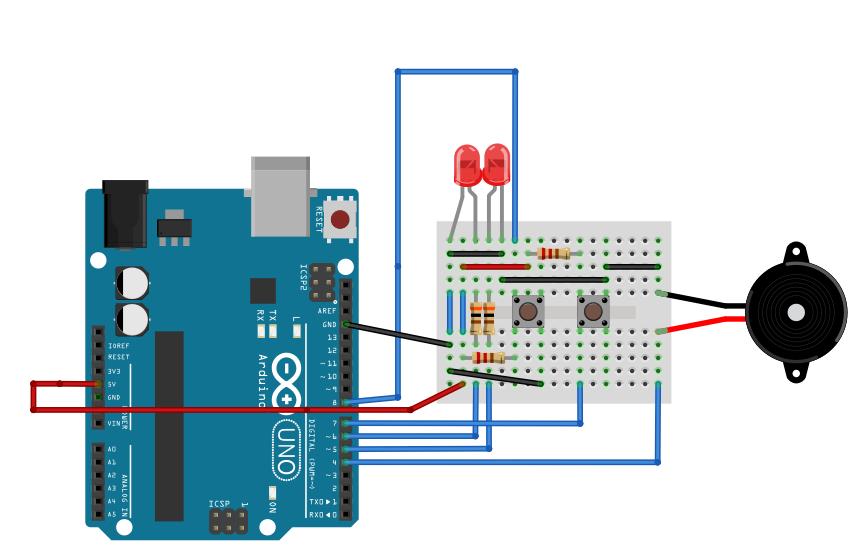 Os pinos 7 e 8 para os botões (Configuradas como entradas) e o pino 4 para o buzzer.