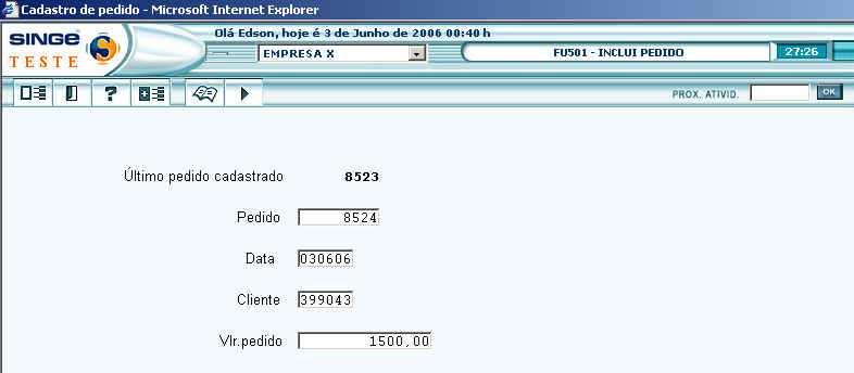 61 A figura 14 apresenta a tela (FU501) de cadastro de pedidos, para posteriormente incluir os dados financeiros do cliente do pedido para treinar a rede.