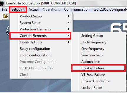 3.4 Breaker Failure INSTRUMENTOS PARA TESTES ELÉTRICOS Para acessar os ajustes da função de falha de disjuntor vá ao menu Setpoint, em seguida clique em Control Elements.