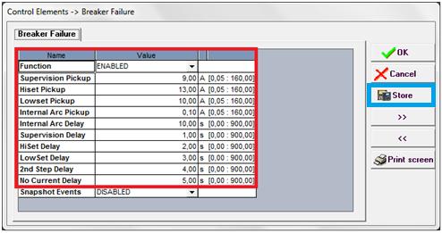 Aqui o usuário pode habilitar/desabilitar a função, o valor de pickup (referido ao secundário, em amperes e que representam os valores para falha de disjuntor detectado por corrente) dos níveis de