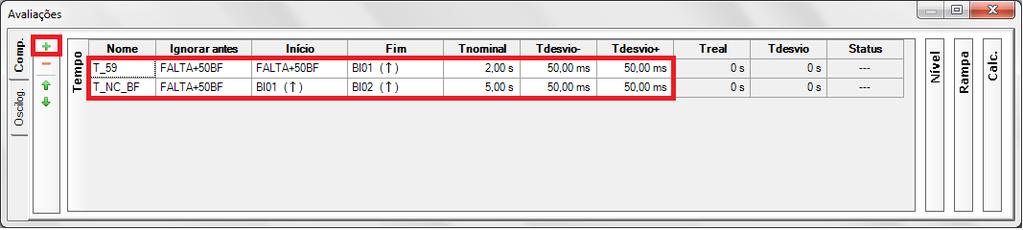 sinais nas colunas Ignorar Antes, Iniciar, Fim, Tnominal e Tdesvio.