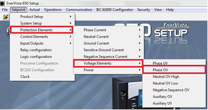 3.3 Phase OV INSTRUMENTOS PARA TESTES ELÉTRICOS Para acessar os ajustes da função de sobretensão com tempo inverso vá ao menu Setpoint, em seguida clique em protection elements -> Voltage Elements.