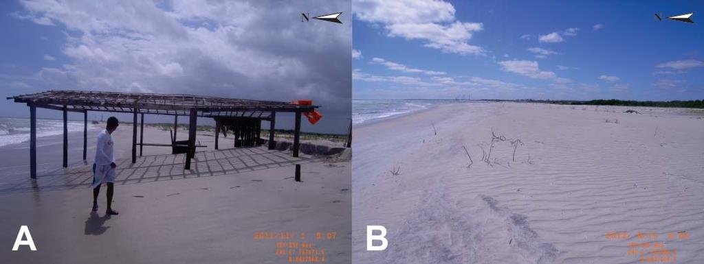 dos Santos et al. Figura 6 - Mudança da morfologia da praia exposta e variação da LC durante o período de monitoramento. As escarpas em berma da Figura 6a não existem na Figura 6b. 4.