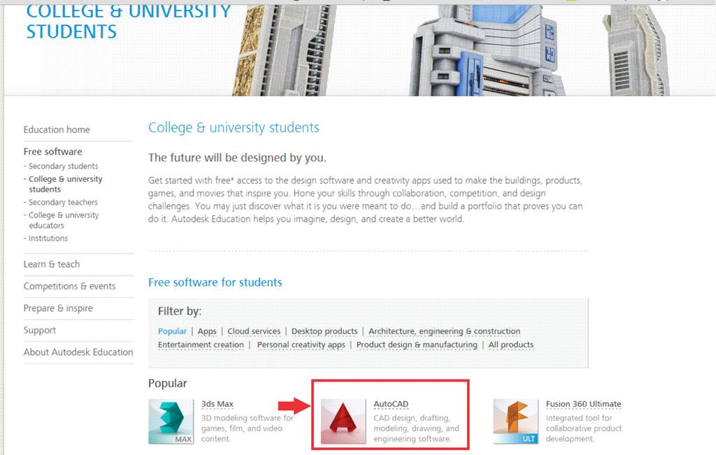 Passo 3: Selecionar a opção do software a ser instalado, no caso utilizaremos o Autocad, clicar nesta opção Obs: