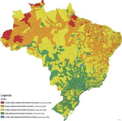 Figura 01 IDHM dos municípios do Brasil Fonte: Atlas Brasil, 2010 A Atlas Brasil propõem a seguinte classificação: Muito baixo: inferior a 0.500 Baixo: de 0.500 a 0.599 Médio: de 0.600 a 0.