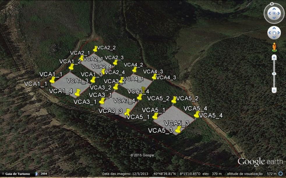 metodologia de monitorização Antes das deslocações ao terreno foram levantadas as coordenadas de GPS das amostras, utilizando a plataforma GoogleEarth (Figura ).