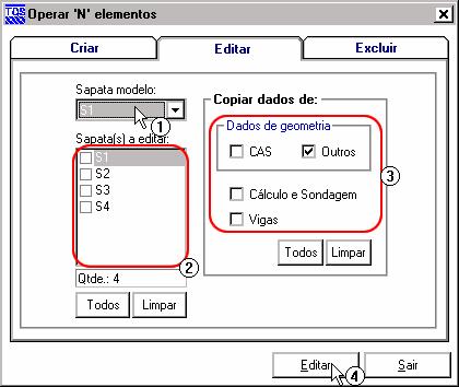 114 SISEs Sistema de Interação Solo - Estrutura (1) clique para acessar a tela Definir dados para pré-dimensionamento (ver cap. 10.4.4); (2) selecione os pilares que dever receber as sapatas