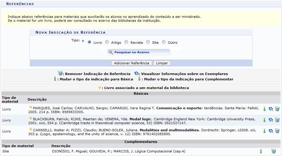 8.1.4 Referências Neste campo, o docente poderá adicionar uma nova indicação de referência.