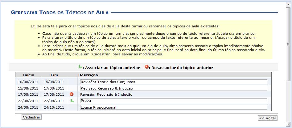 Conteúdo Programático Na tela acima é apresentada uma lista com todos os tópicos de aula da turma. O usuário poderá cadastrar, alterar, associar e desassociar tópicos para a turma.