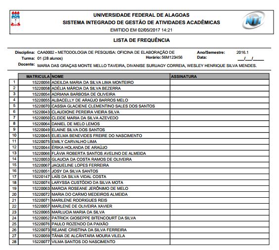 Arquivo de Lista de Presença 8.11.3 Mapa de Frequência Esta operação tem como finalidade possibilitar que o docente tenha acesso ao mapa de frequência.