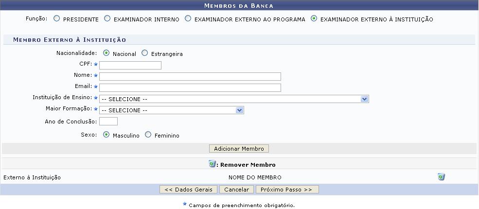 Após informar os membros que farão parte da banca examinadora, clique em Próximo Passo para avançar.