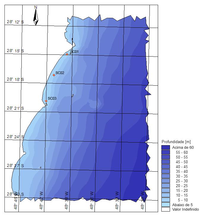 - 42 - Figura 5: Área de interesse no Estado de Santa Catarina, os ponto foram utilizados para cálculo do transporte de sedimentos nas praias da Vila (SC01), Vila Nova (SC02) e Itapirubá (SC03),