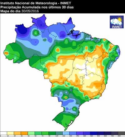 7.1. Condições meteorológicas recentes 2 Durante o período final de desenvolvimento das culturas de segunda safra, a região do MATOPIBA foi afetada pela baixa pluviosidade em praticamente todas as