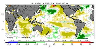 7.2. Condições de El Niño recentes e tendência em 2016 3 O processo de enfraquecimento fenômeno El Niño se intensificou em maio com o surgimento de uma extensa área no Oceano Pacífico em torno da