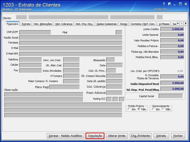 1.4 A rotina exibirá a tela Extrato de Clientes, clique em Simulação; 1.