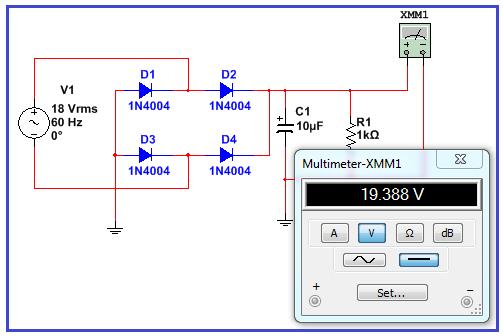 Analisando o funcionamento do retificador com um capacitor de filtro de 10uF.