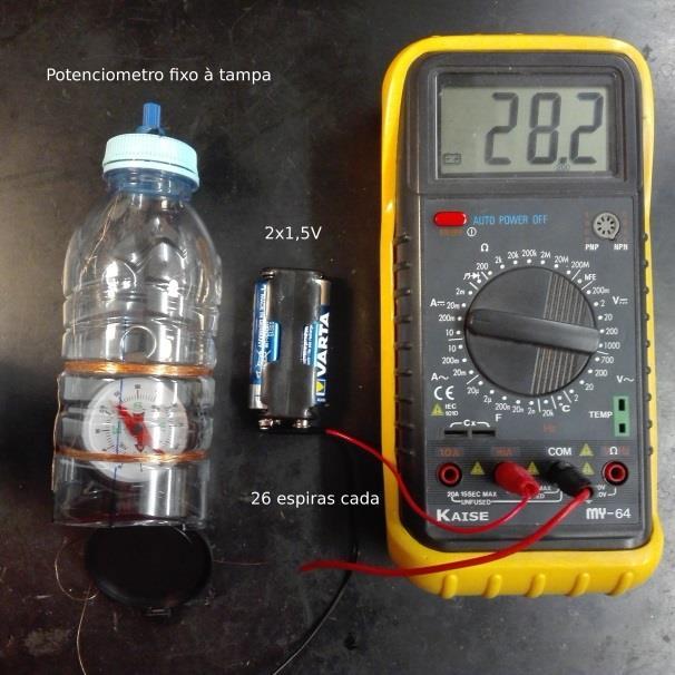 Montagem experimental Material: 1 garrafa de água plástica de 0,5 l vazia (~50 mm diâmetro) com sulcos paralelos 1 amperímetro (0-200mA) Fio de cobre isolado com verniz (por exemplo retirado dum