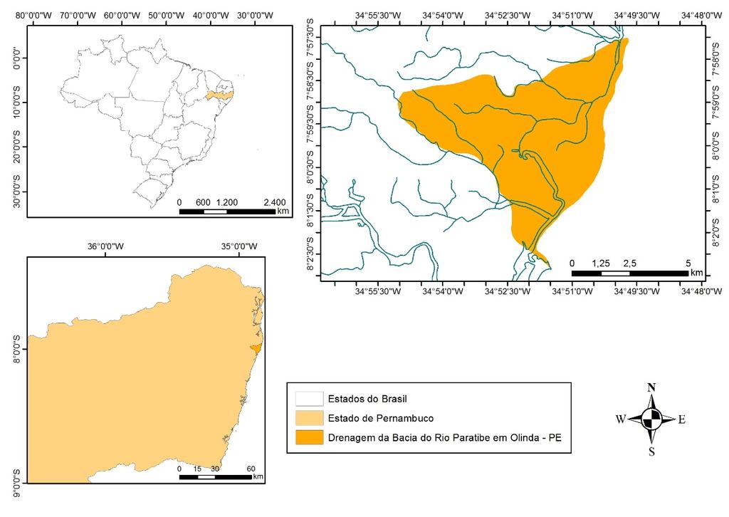 Figura 1: Localização do município de Olinda no estado de Pernambuco e dos cursos fluviais da bacia hidrográfica do rio Paratibe no interior do município. Fonte: Os autores.