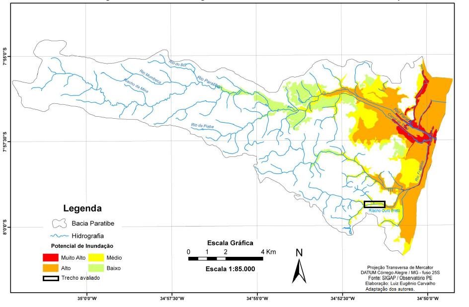 Figura 2: Localização do trecho avaliado na Bacia Hidrográfica do Rio Paratibe o trecho apresenta média susceptibilidade a inundações. Fonte: Adaptado de Carvalho (2011).
