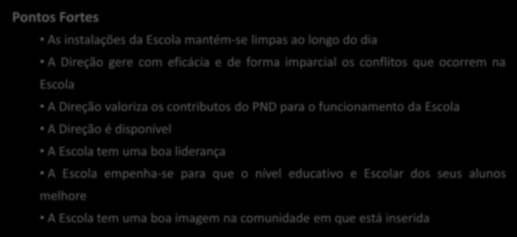 Resultados análise Pessoal Não Docente Pontos Fortes Pontos Fortes As instalações da Escola mantém-se limpas ao longo do dia A Direção gere com eficácia e de forma imparcial os conflitos que ocorrem