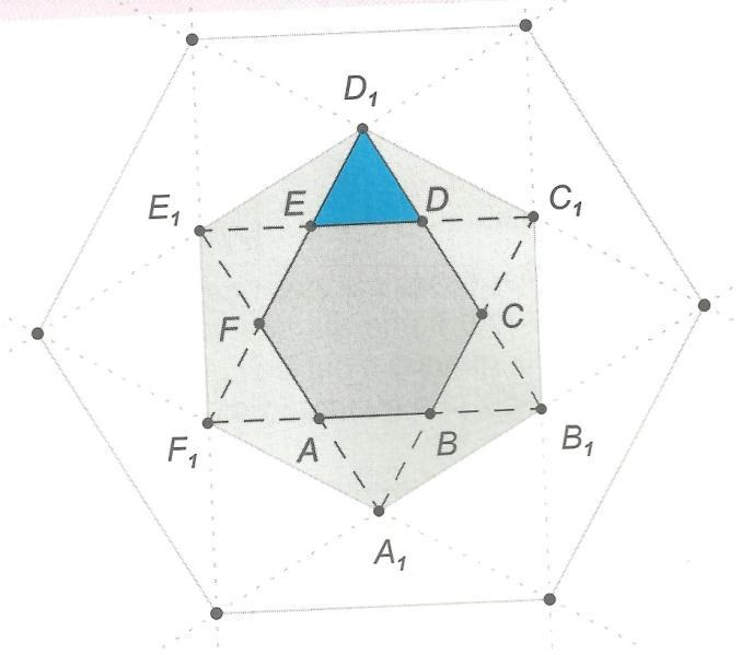 NÍVEL 3 M Os prolongamentos dos lados de um hexágono regular ABCDEF, de de área, determinam seis pontos de interseção, que são vértices de um novo hexágono regular conforme mostra a figura.