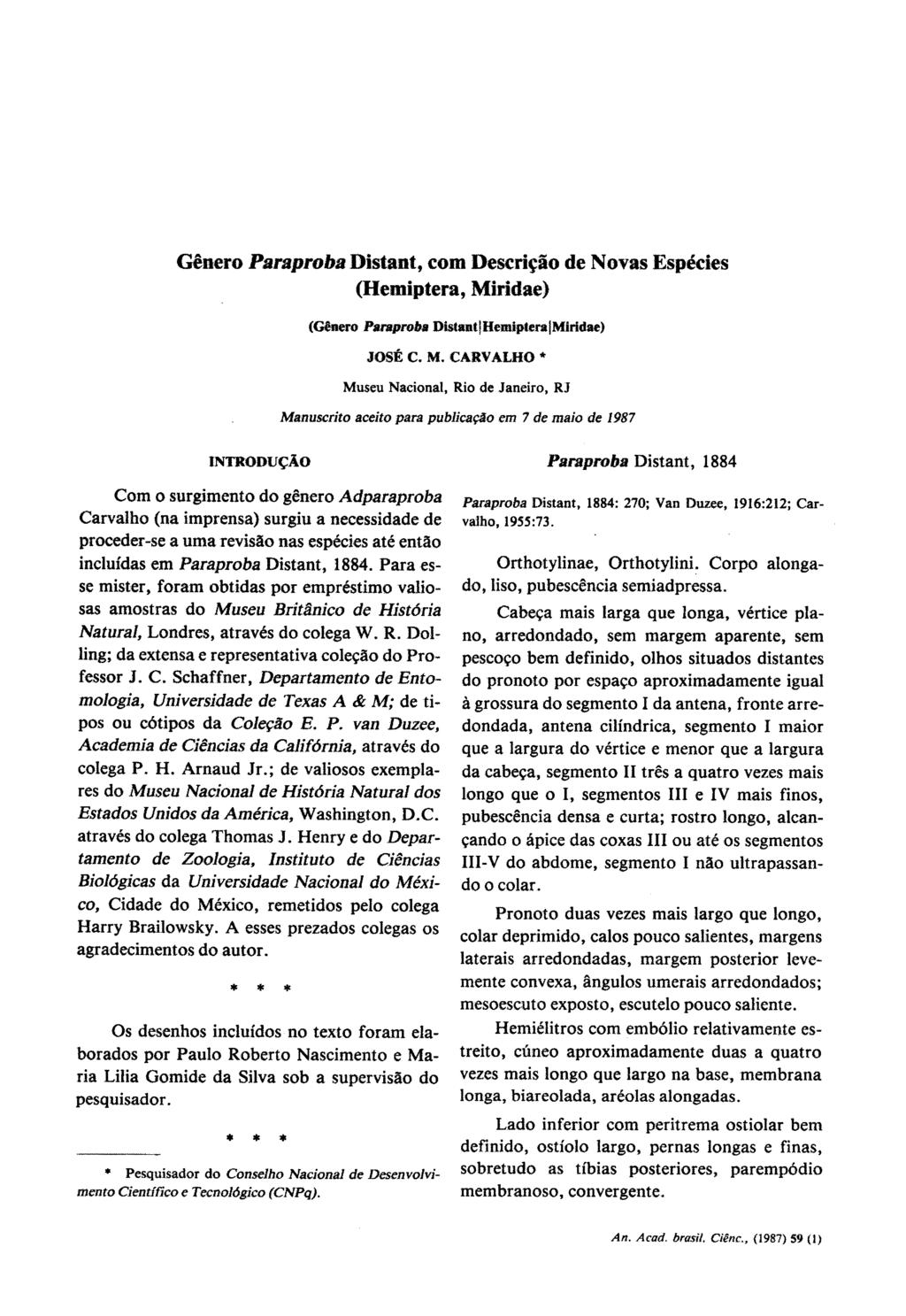 Genero Paraproba Distant, com Descrisa&o de Novas Especies (Hemiptera, Miridae) (G~nero Paraprobs DistantjHemipterajMiridae) Mist C M.