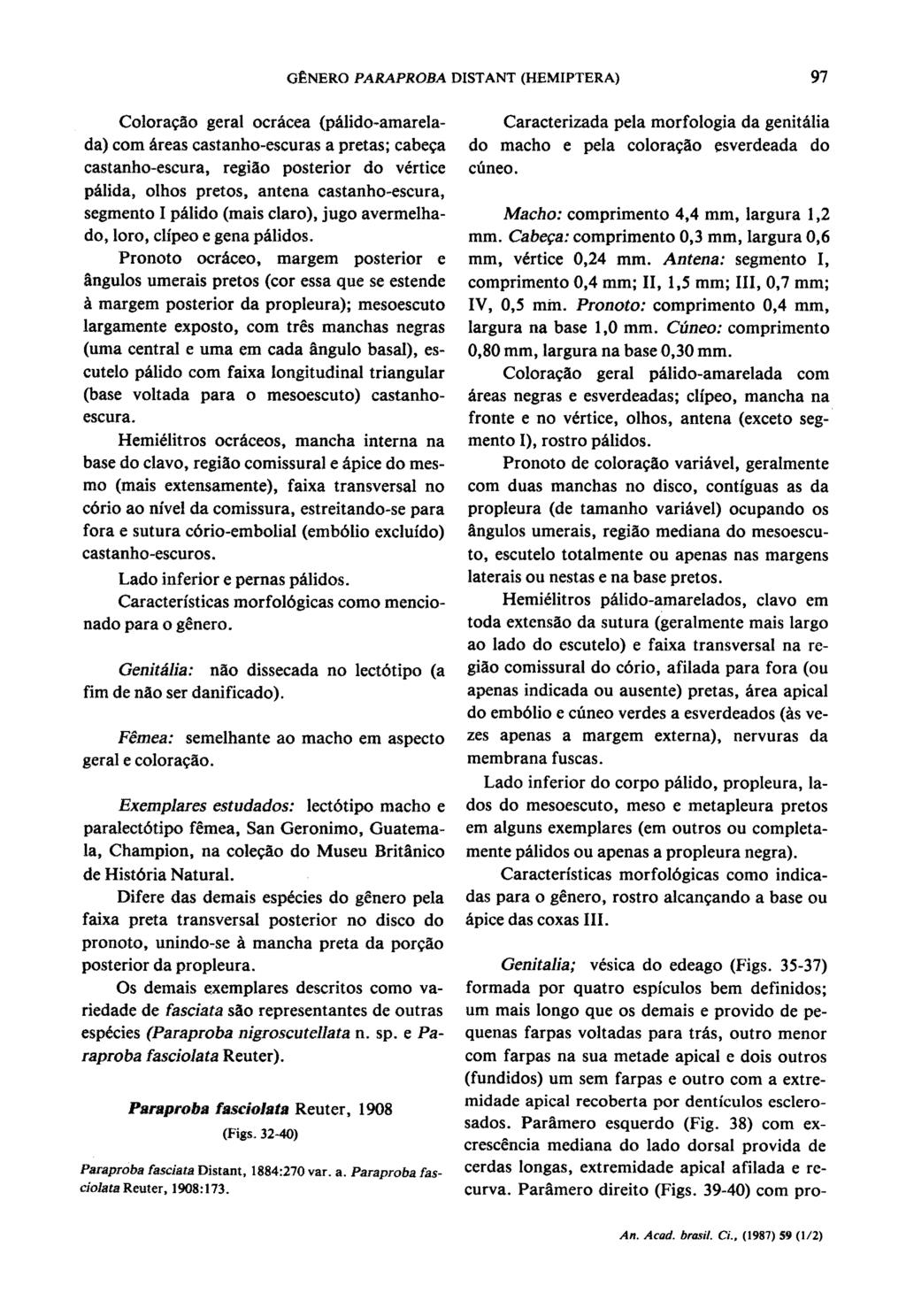 GANERO PARAPROBA DISTANT (HEMIPTERA) 97 Colora9Ao geral ocracea (palido-amarelada) comr areas castanho-escuras a pretas; cabeqa castanho-escura, regiao posterior do vertice palida, olhos pretos,