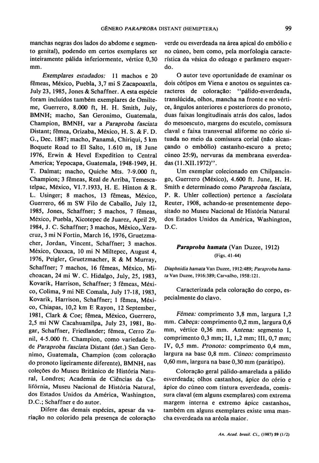 GENERO PARAPROBA DISTANT (HEMIPTERA) 99 manchas negras dos lados do abdome e segmento genital), podendo em certos exemplares ser inteiramente palida inferiormente, ve'rtice 0,30 mm.