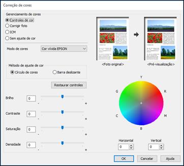 Opções personalizadas de correção de cor - Windows Você pode selecionar quaisquer opções disponíveis na janela de Correção de cores para personalizar as cores da imagem do seu trabalho de impressão.