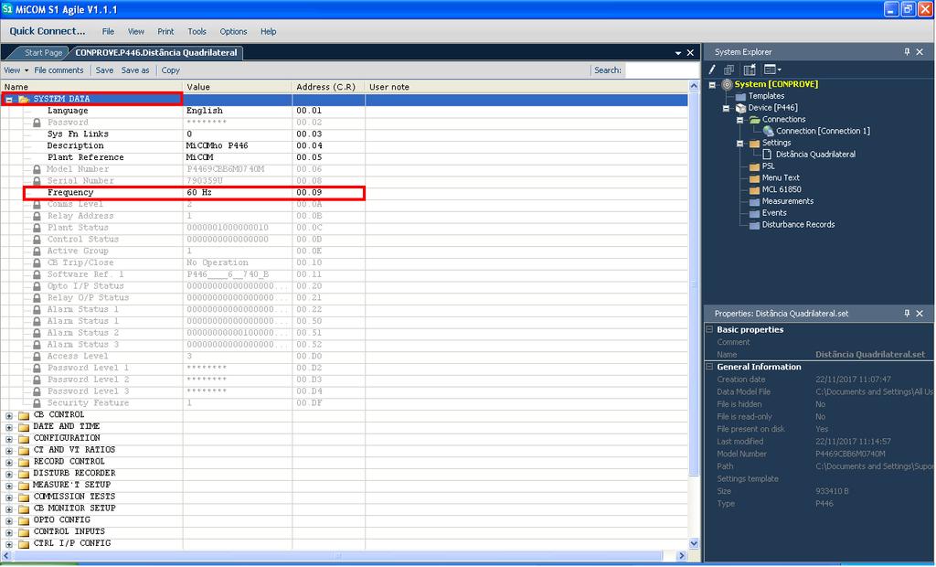 3. Parametrização do relé Alstom P446 3.1 Frequency Após efetuar um duplo clique no arquivo Distância Quadrilateral entre em SYSTEM DATA, e em seguida Frequency.