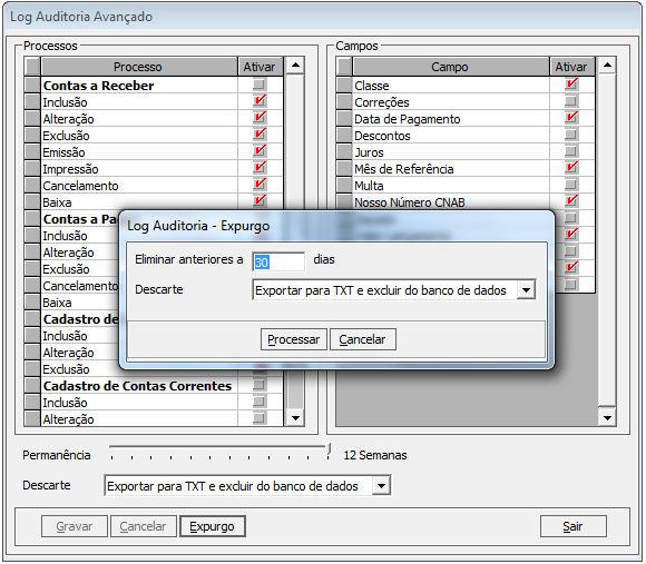 1. Acesse o menu Arquivo > Log > Auditoria > Configuração. Novidades da Versão 32.10/2.4.80 2. Clique no botão Expurgo. 3. Informe o número de dias que deverão ser considerados para eliminação dos dados do log.