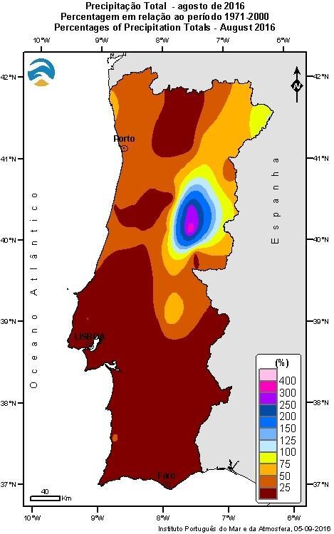 De referir no entanto a ocorrência de aguaceiros fortes e trovoadas, em especial nas regiões do interior Norte e Centro, nos dias 25 e 26 de agosto, tendo os valores de precipitação diária nalguns