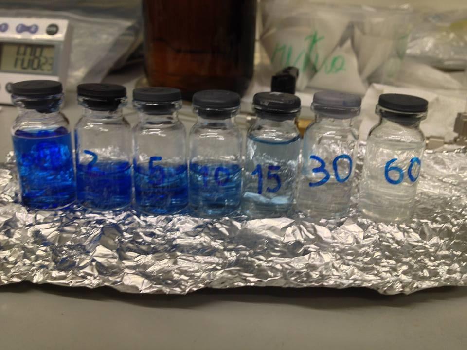 Método experimental 1. Pesaram-se 100 mg de corante azul reativo; 2. Colocou-se o corante pesado num balão volumétrico de 1L e perfez-se com água destilada; 3. Homogeneizou-se a solução; 4.