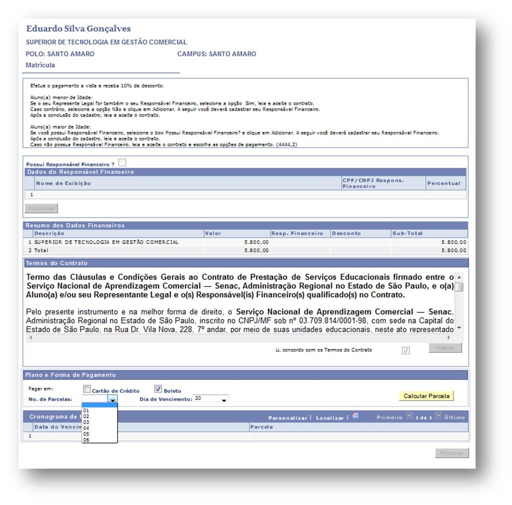 Neste exemplo, o aluno flegou no box Boleto